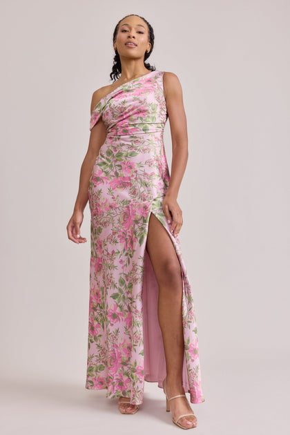 Livvy Satin Floral Print Dress | Made To Order | Perfect Pink Meadow Blooms