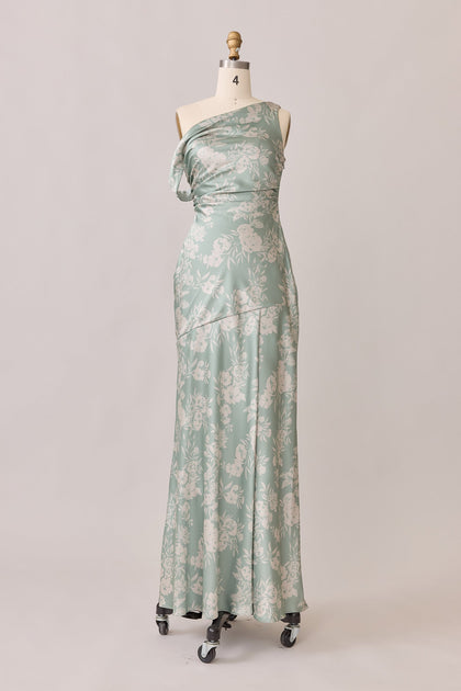 Livvy Satin Floral Print Dress | Made To Order | Sage and Champagne Bouquet