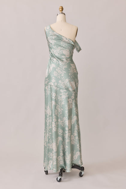 Livvy Satin Floral Print Dress | Made To Order | Sage and Champagne Bouquet