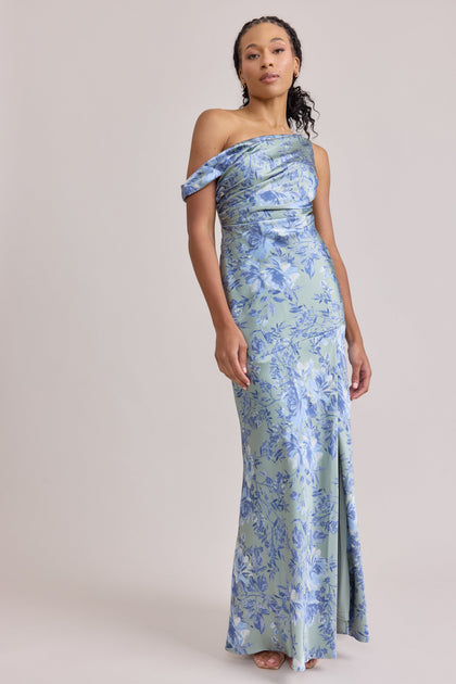 Livvy Satin Floral Print Dress | Made To Order | Sage and Sky Blue Meadow Blooms