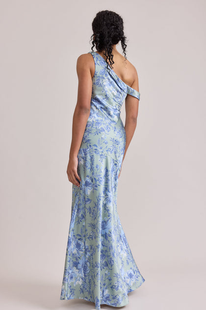 Livvy Satin Floral Print Dress | Made To Order | Sage and Sky Blue Meadow Blooms