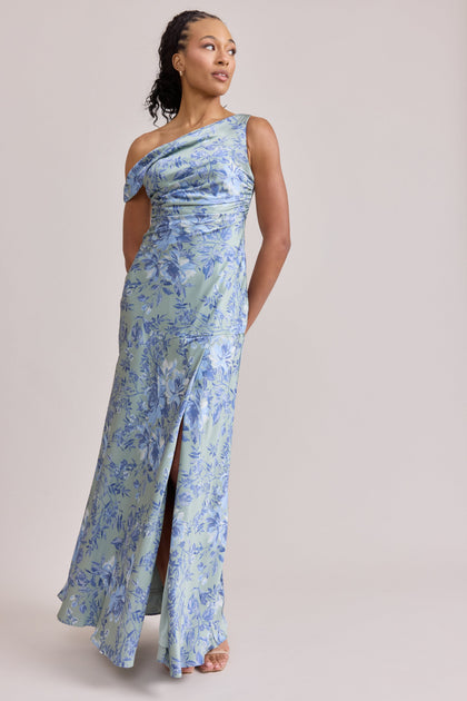 Livvy Satin Floral Print Dress | Made To Order | Sage and Sky Blue Meadow Blooms