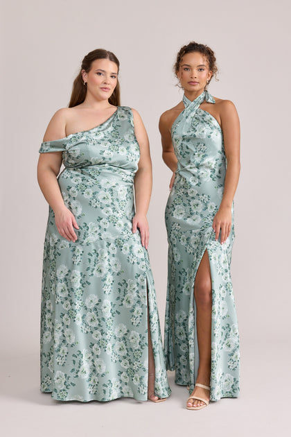Livvy Satin Floral Print Dress (L), Athena Satin Floral Print Dress (R) in Sage Blossom