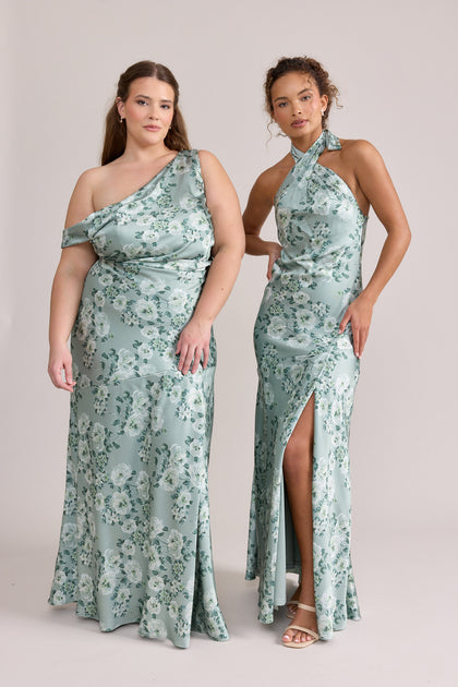 Livvy Satin Floral Print Dress (L), Athena Satin Floral Print Dress (R) in Sage Blossom