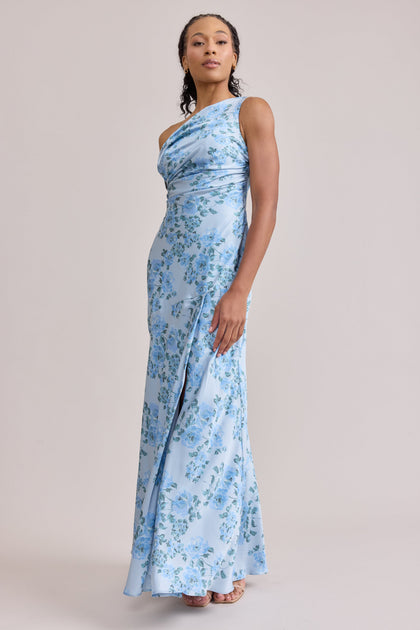 Livvy Satin Floral Print Dress | Made To Order | Sky Blue Blossom