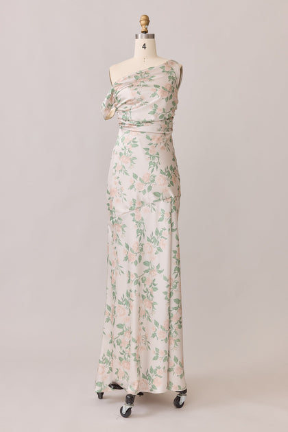 Livvy Satin Floral Print Dress | Made To Order | Soft Champagne Bouquet