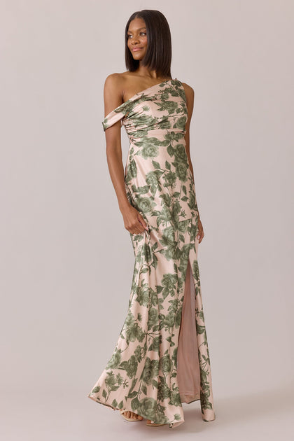 Livvy Satin Floral Print Dress | Made To Order | Moss Garden
