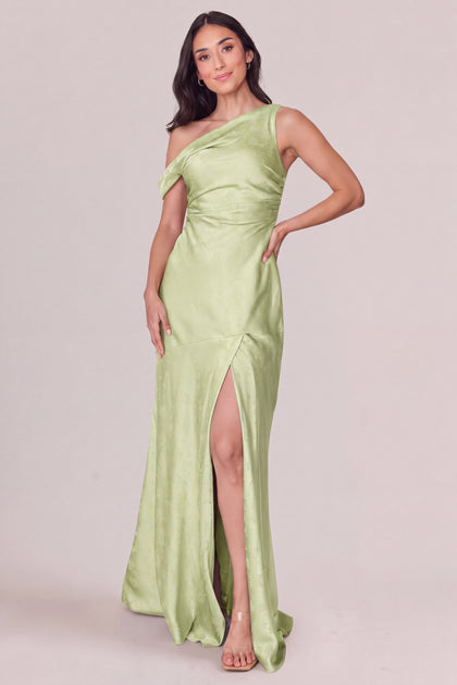 Livvy Satin Jacquard Dress | Matcha