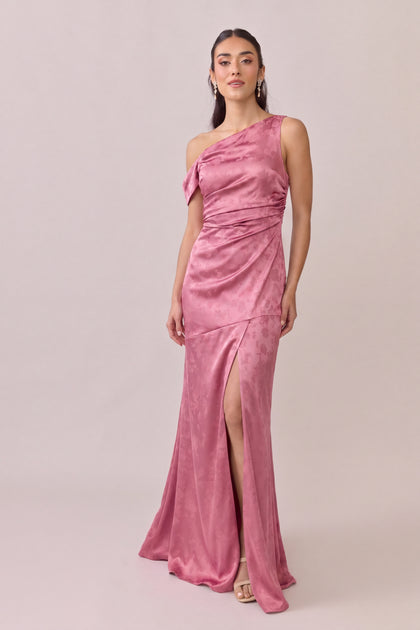 Livvy Satin Jacquard Dress | Raspberry