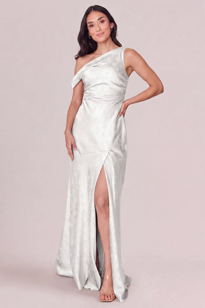 Livvy Satin Jacquard Dress | White Pearl