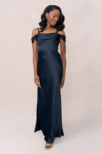 London Convertible Satin Dress | Made To Order | Navy Blue