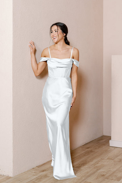 London Convertible Satin Bridal Gown | White Pearl