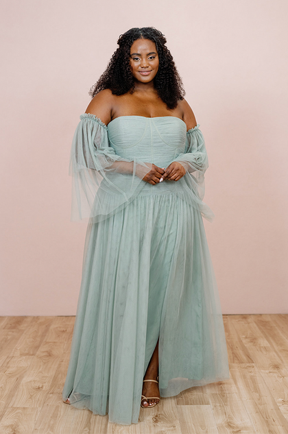 Model: Laken; Size: L; Color: Sage styled with the Nicola Tulle Dress in Sage