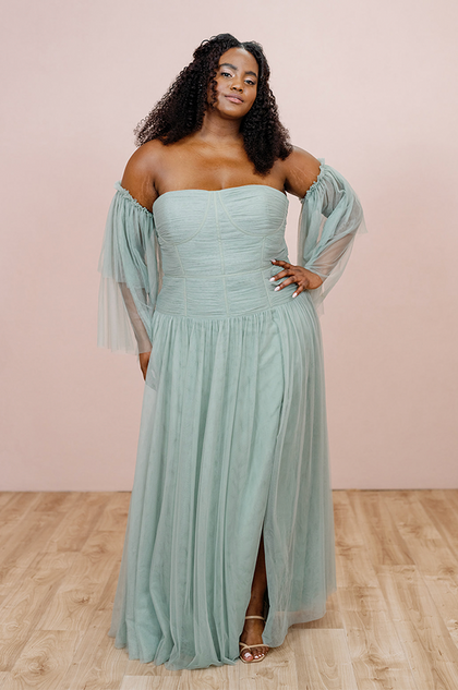 Model: Laken; Size: L; Color: Sage styled with the Nicola Tulle Dress in Sage
