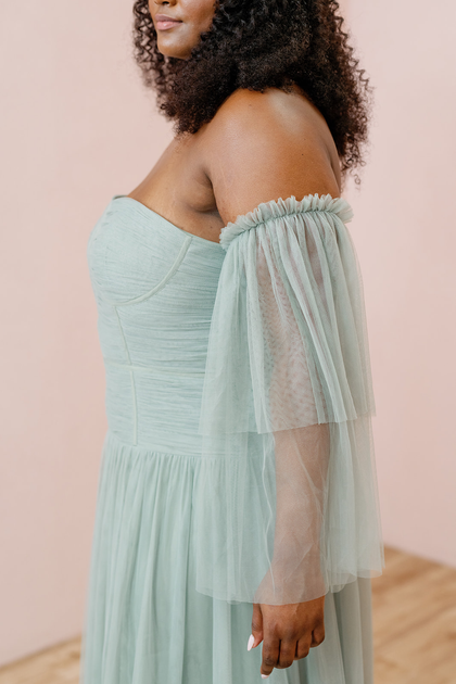 Model: Laken; Size: L; Color: Sage styled with the Nicola Tulle Dress in Sage