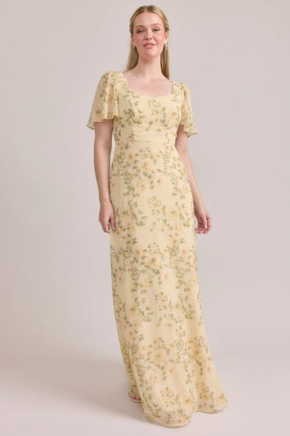 Madeline Convertible Chiffon Floral Print Dress | Made To Order | Pale Yellow Blossom