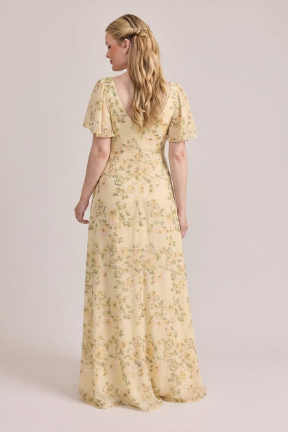 Madeline Convertible Chiffon Floral Print Dress | Made To Order | Pale Yellow Blossom