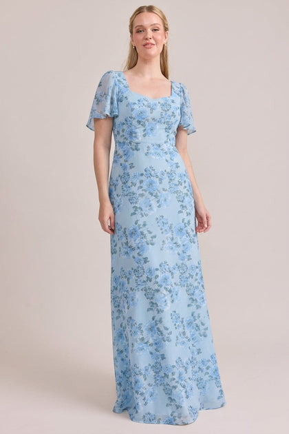 Madeline Convertible Chiffon Floral Print Dress | Made To Order | Sky Blue Blossom