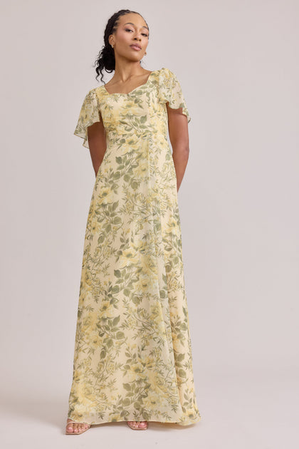 Madeline Convertible Chiffon Floral Print Dress | Made To Order | Pale Yellow Meadow Blooms