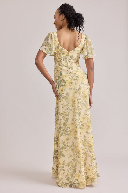 Madeline Convertible Chiffon Floral Print Dress | Made To Order | Pale Yellow Meadow Blooms