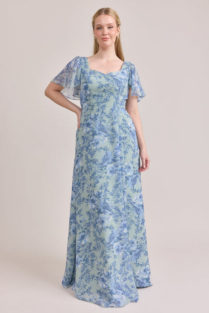 Madeline Convertible Chiffon Floral Print Dress | Made To Order | Sage and Sky Blue Meadow Blooms