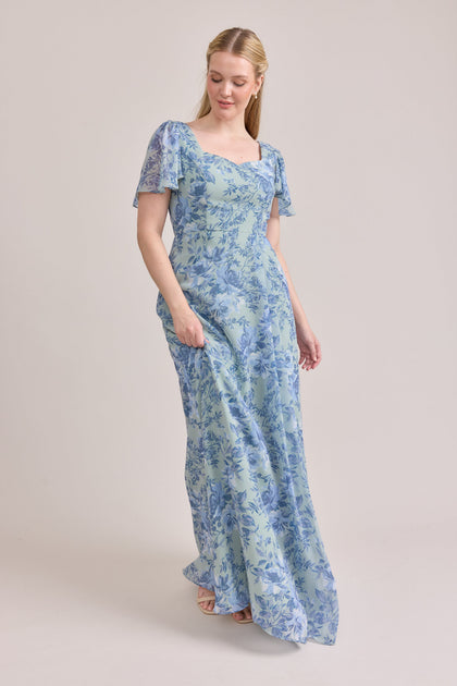 Madeline Convertible Chiffon Floral Print Dress | Made To Order | Sage and Sky Blue Meadow Blooms