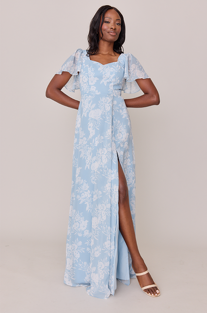 Madeline Convertible Chiffon Floral Print Dress | Made To Order | Sky Blue Bouquet