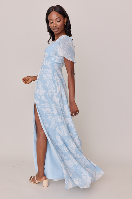 Madeline Convertible Chiffon Floral Print Dress | Made To Order | Sky Blue Bouquet