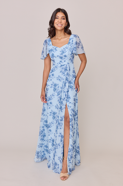 Madeline Convertible Chiffon Floral Print Dress | Made To Order | Sky Blue Garden