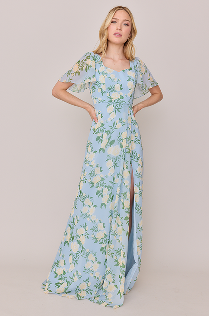 Madeline Convertible Chiffon Floral Print Dress | Made To Order | Sky Blue Multi Bouquet