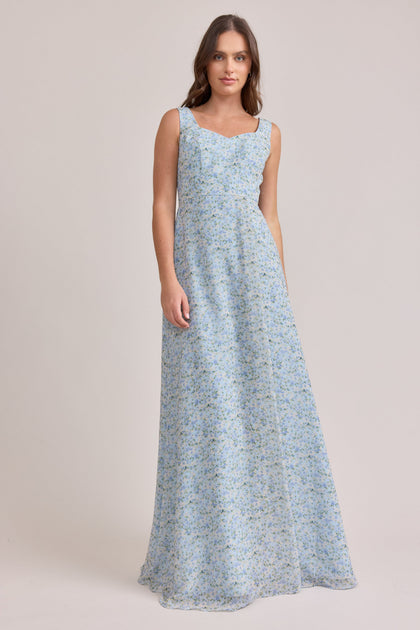 Madeline Convertible Chiffon Floral Print Dress | Made To Order | Sky Blue Multi Posey