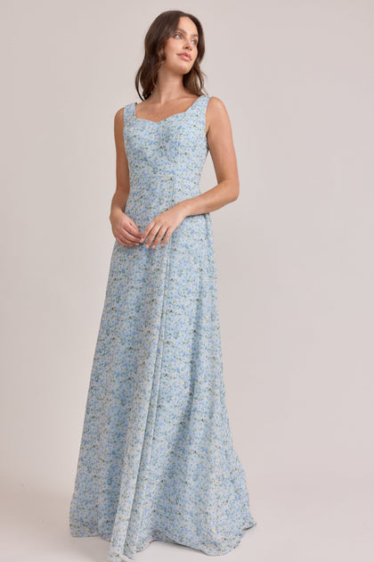 Madeline Convertible Chiffon Floral Print Dress | Made To Order | Sky Blue Multi Posey
