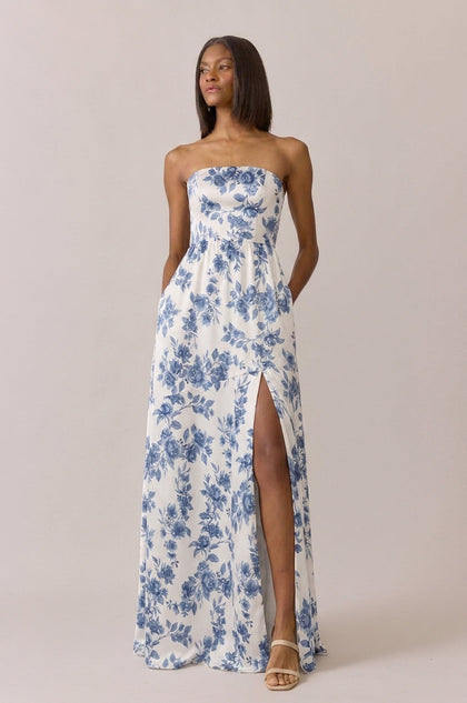 Maren Satin Floral Print Dress | Made To Order | Dusty Blue Bouquet