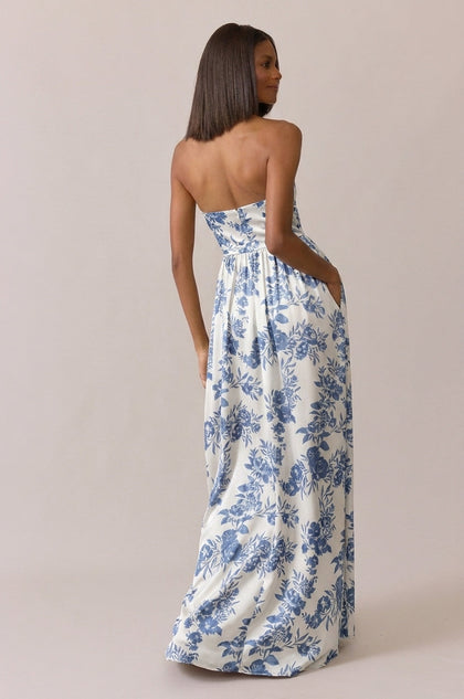 Maren Satin Floral Print Dress | Made To Order | Dusty Blue Bouquet