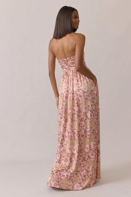 Maren Satin Floral Print Dress | Made To Order | Honey Beige Blossom