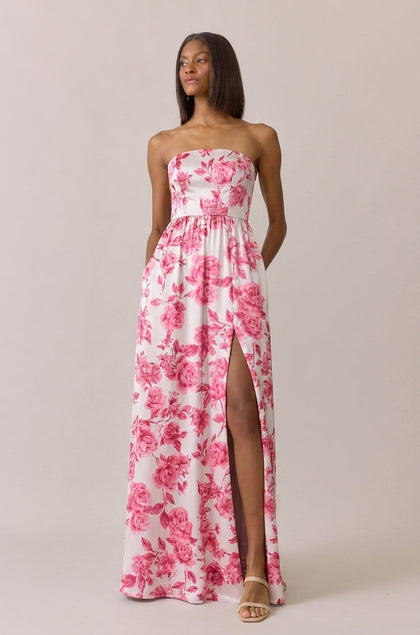 Maren Satin Floral Print Dress | Made To Order | Hot Pink Garden