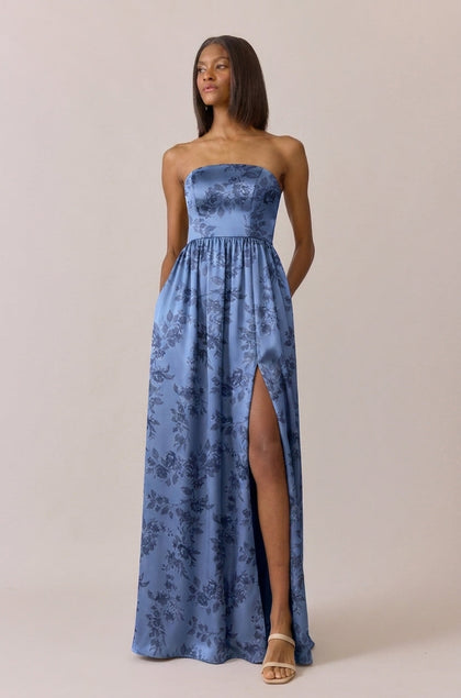 Maren Satin Floral Print Dress | Made To Order | Indie Blue Bouquet
