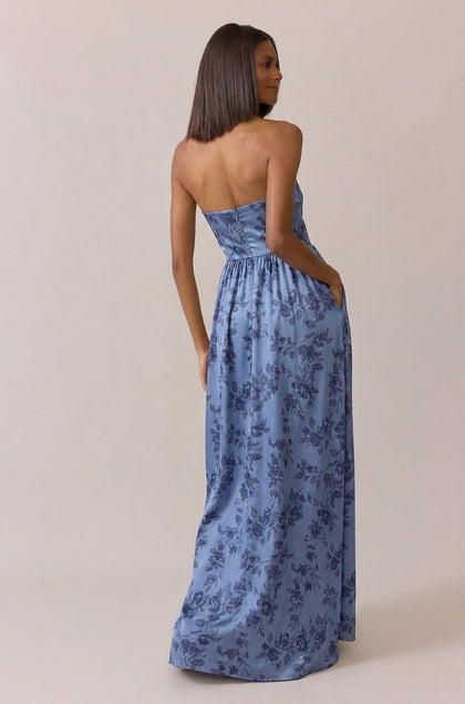 Maren Satin Floral Print Dress | Made To Order | Indie Blue Bouquet