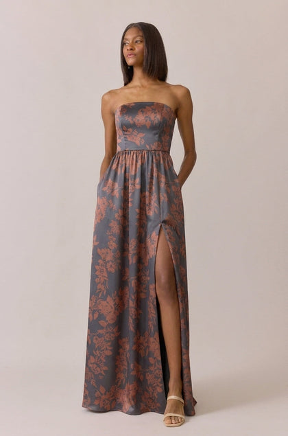 Maren Satin Floral Print Dress | Made To Order | Mahogany Bouquet