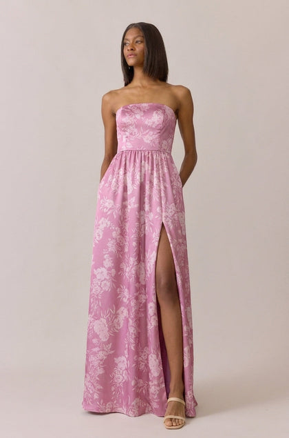 Maren Satin Floral Print Dress | Made To Order | Mauve Pink Bouquet