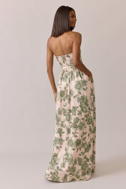 Maren Satin Floral Print Dress | Made To Order | Moss Garden