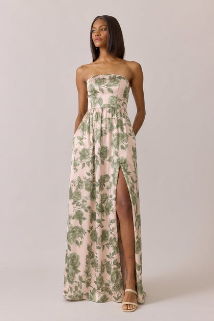 Maren Satin Floral Print Dress | Made To Order | Moss Garden