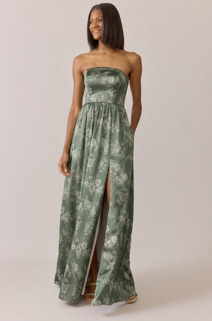 Maren Satin Floral Print Dress | Made To Order | Olive Bouquet