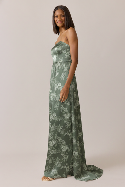 Maren Satin Floral Print Dress | Made To Order | Olive Bouquet