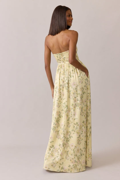 Maren Satin Floral Print Dress | Made To Order | Pale Yellow Blossom