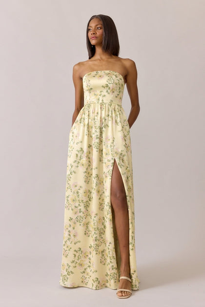 Maren Satin Floral Print Dress | Made To Order | Pale Yellow Blossom