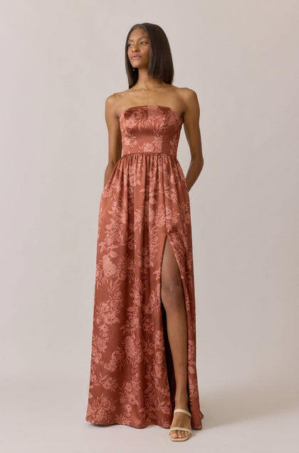 Maren Satin Floral Print Dress | Made To Order | Rust Bouquet
