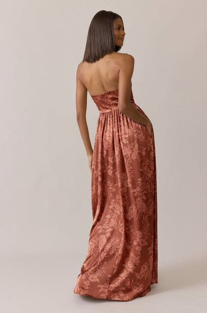 Maren Satin Floral Print Dress | Made To Order | Rust Bouquet