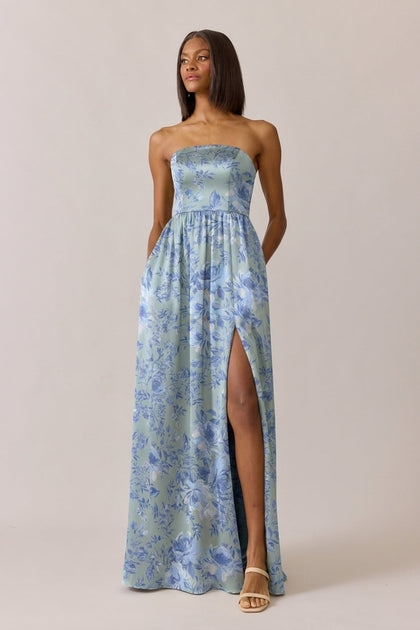 Maren Satin Floral Print Dress | Made To Order | Sage and Sky Blue Meadow Blooms