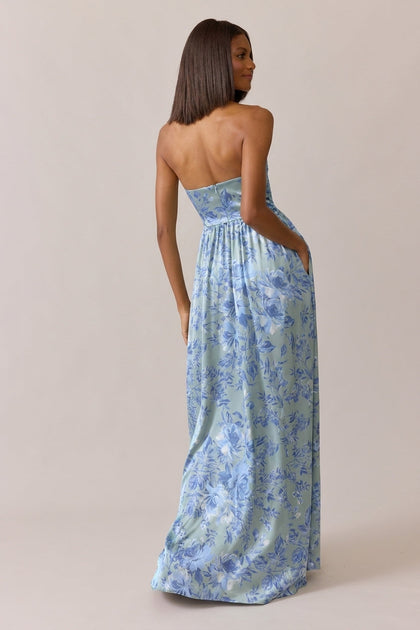 Maren Satin Floral Print Dress | Made To Order | Sage and Sky Blue Meadow Blooms